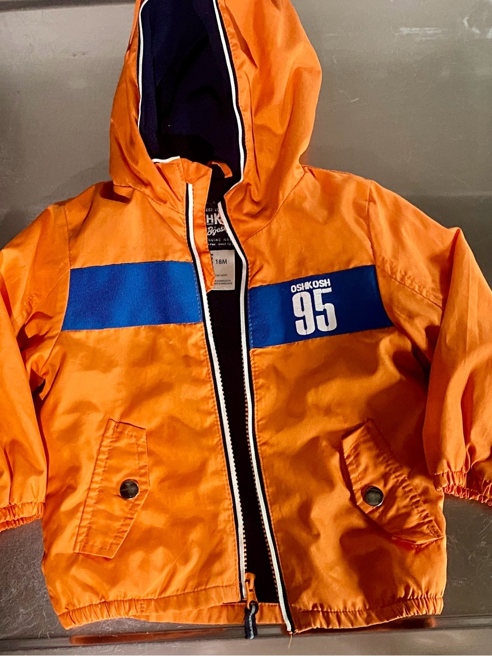 OshKosh B’gosh Windbreaker Jacket 18M Orange Navy Hooded “95” Logo
